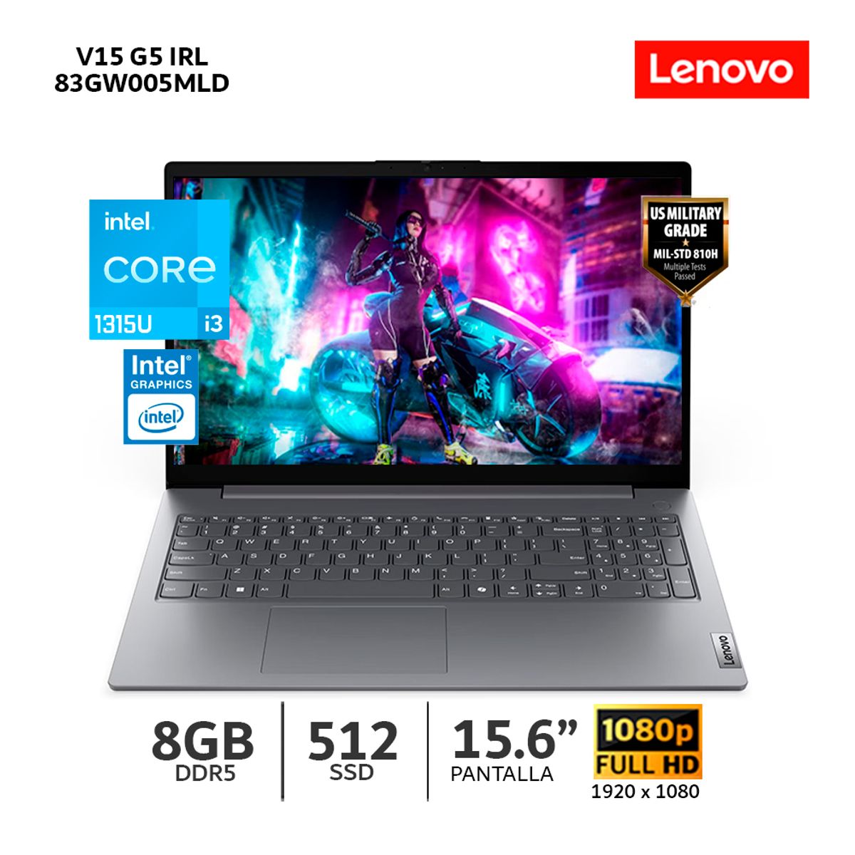 LENOVO - Laptop Lenovo V15 G5 Core I3-1315u / Ram 8gb Ddr5, Ssd 512gb / 15.6 Fhd - 83GW005MLD