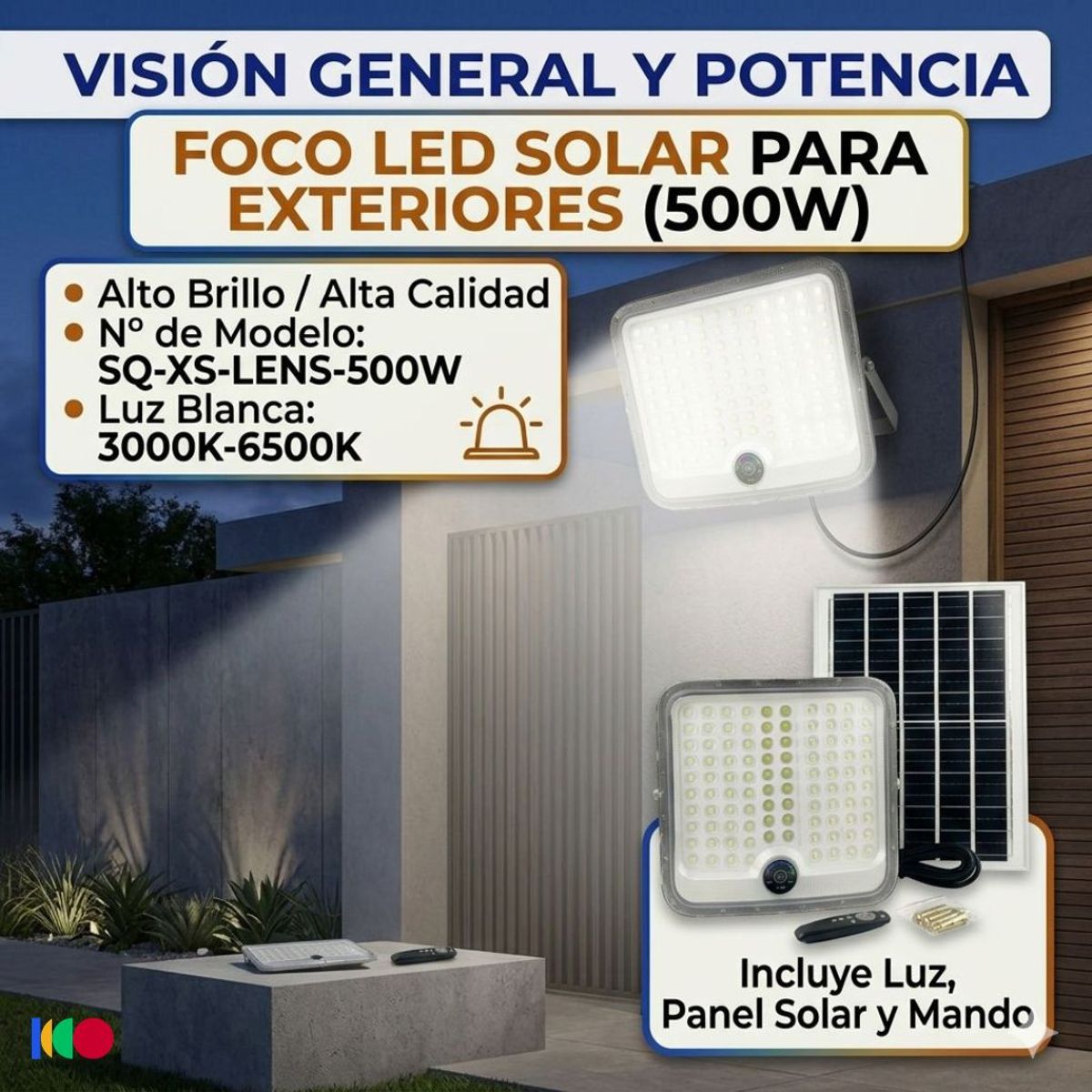 OEM - REFLECTOR SOLAR LED 500W RECARGABLE IP65 CON CONTROL REMOTO, PANEL MONOCRISTALINO, HASTA 250M²
