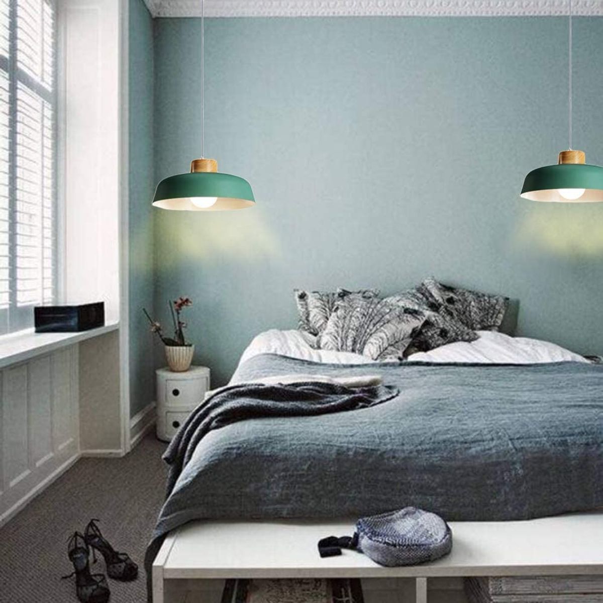 HOME NEAT - 2 Unidades lámpara colgante metal madera redonda nórdica e27 Verde