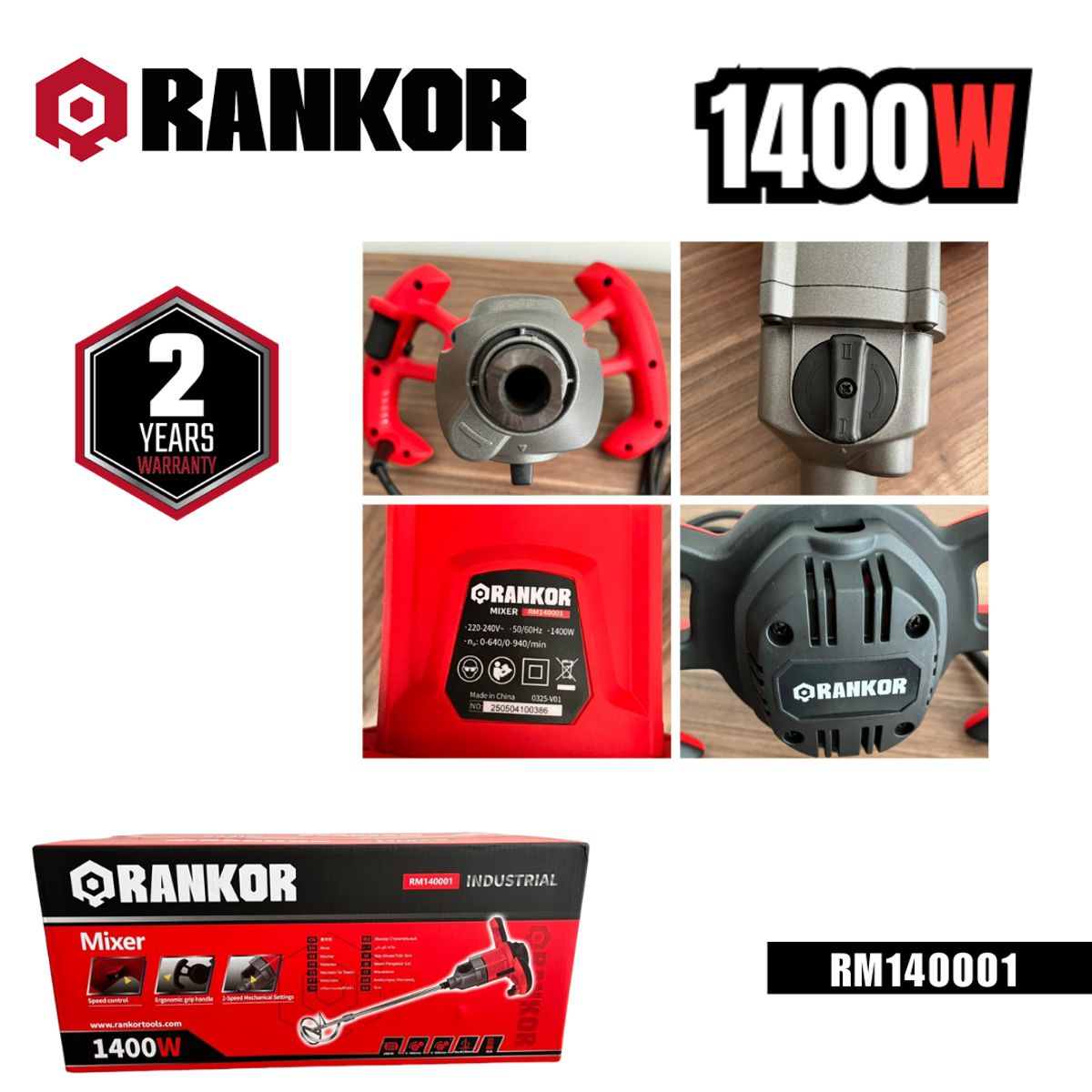 RANKOR - Mezcladora  Batidora 1400W para Cemento Pintura y Mortero
