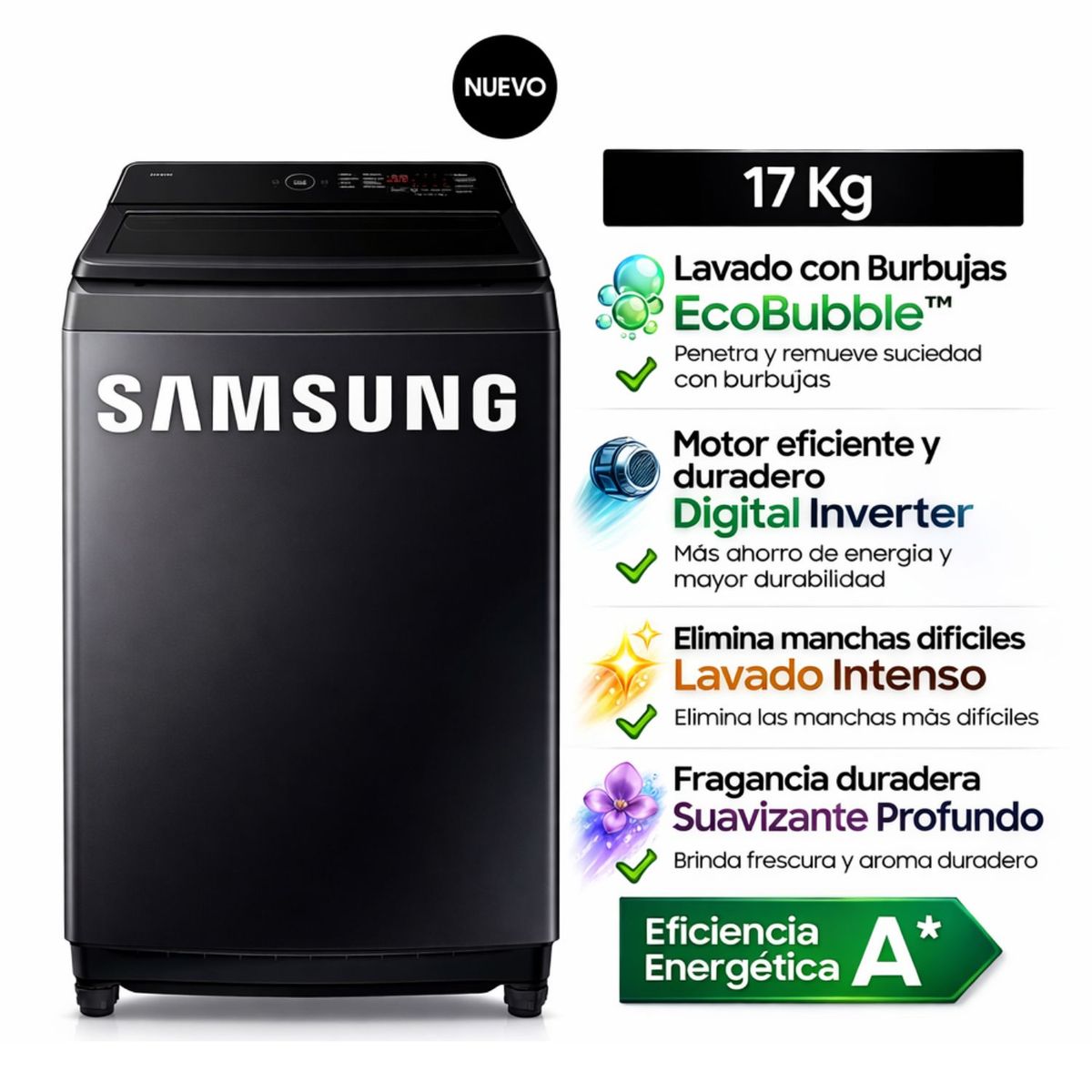 SAMSUNG - Lavadora Samsung 17Kg  WA40F17E7CPE  EcoBubble Gris Grafito