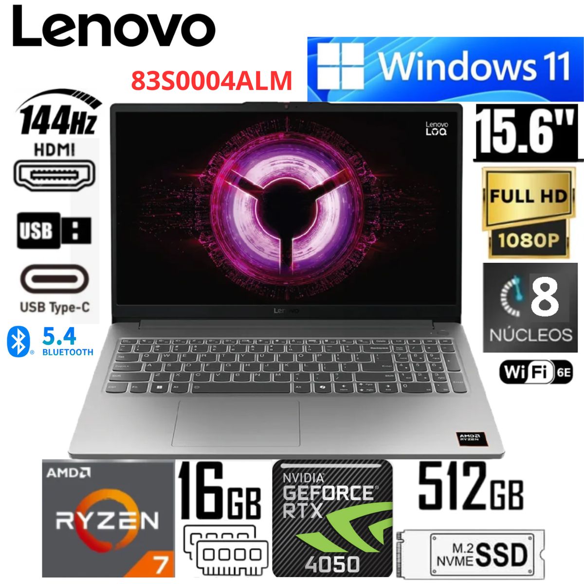 LENOVO - Laptop Lenovo 15.6" AMD Ryzen 7 7735HS 16GB RAM 512GB  RTX 4050 6GB FHD 144Hz Windows 11 – 83S0004ALM
