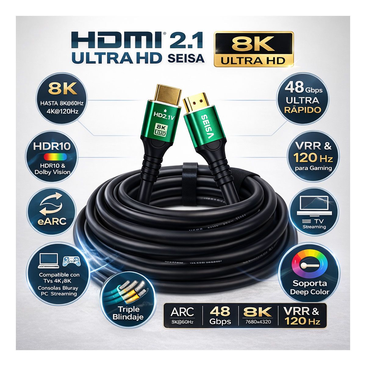 SEISA - Cable HDMI 2.1 8K Ultra HD 48Gbps HDR eARC Alta Velocidad SEISA 5 Metros