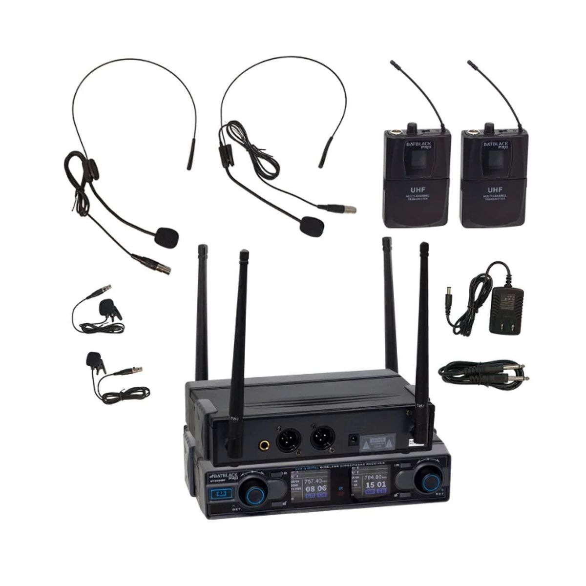 BATBLACK - Micrófono Inalámbrico Doble con 2 Vinchas Y 2 Solaperos UHF BT-D332BP BATBLACK