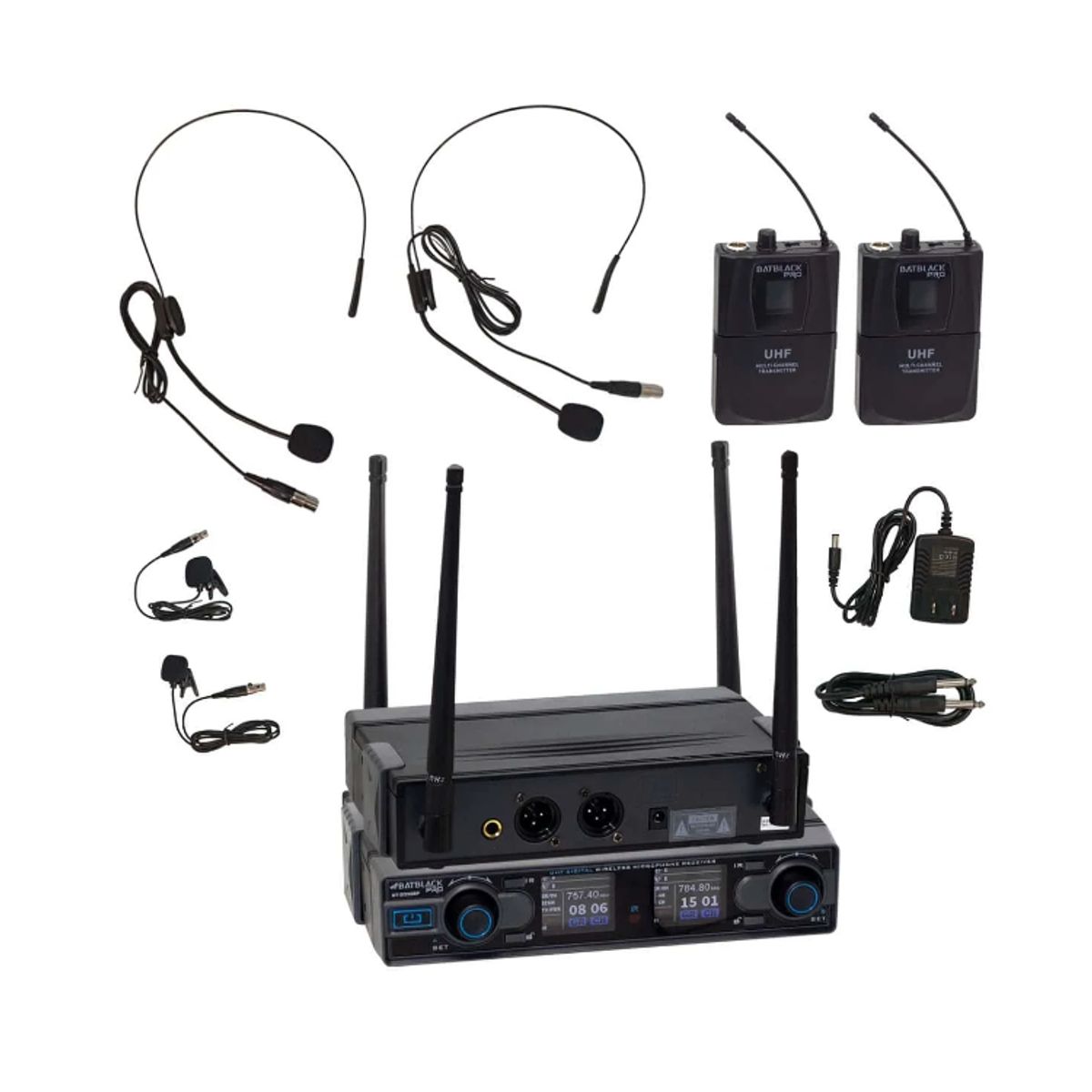 BATBLACK - Micrófono Inalámbrico Doble con 2 Vinchas Y 2 Solaperos UHF BT-D332BP BATBLACK