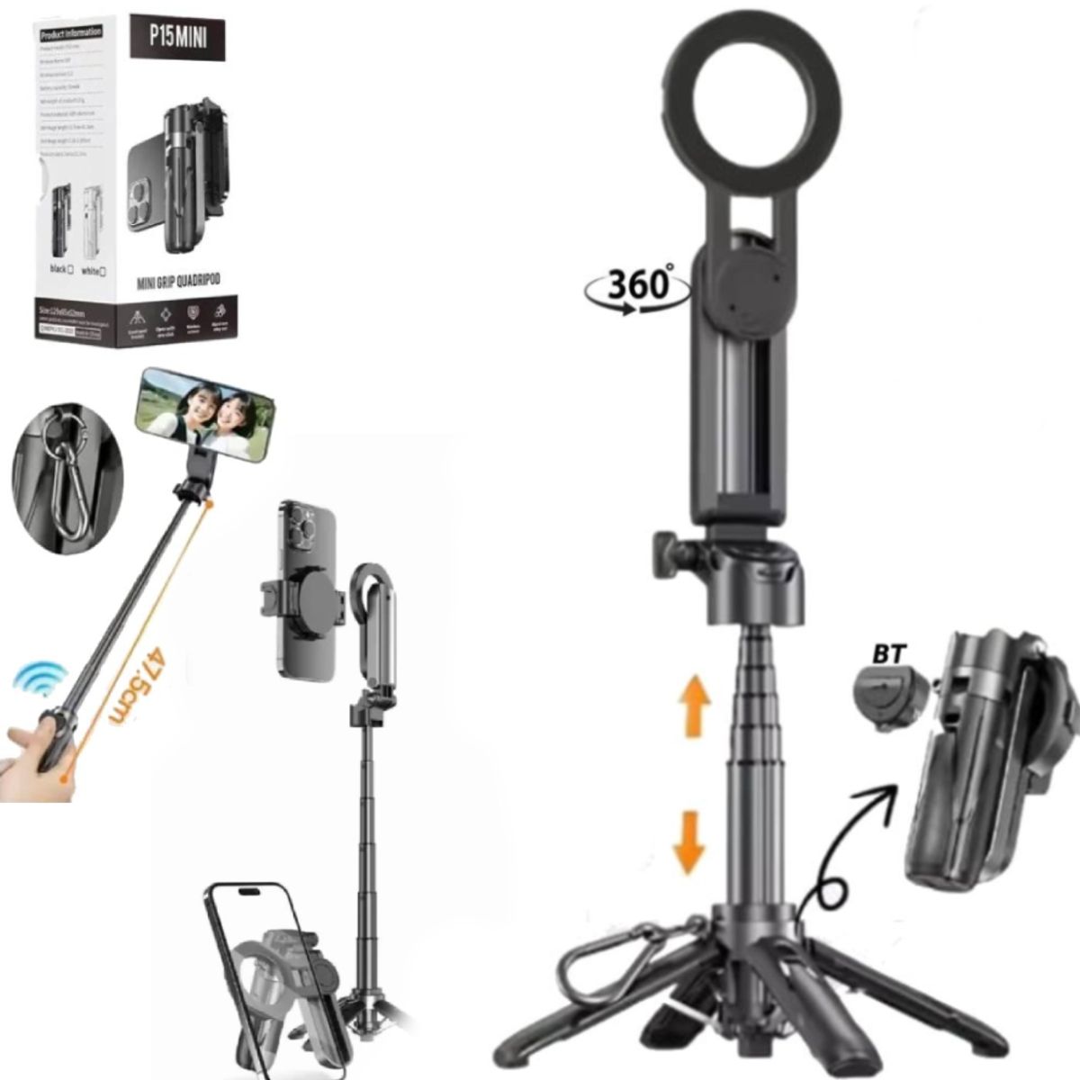 SEISA - Soporte Magnético Clip Multifuncional Trípode Celular Selfie Bluetooth Negro P15 Mini