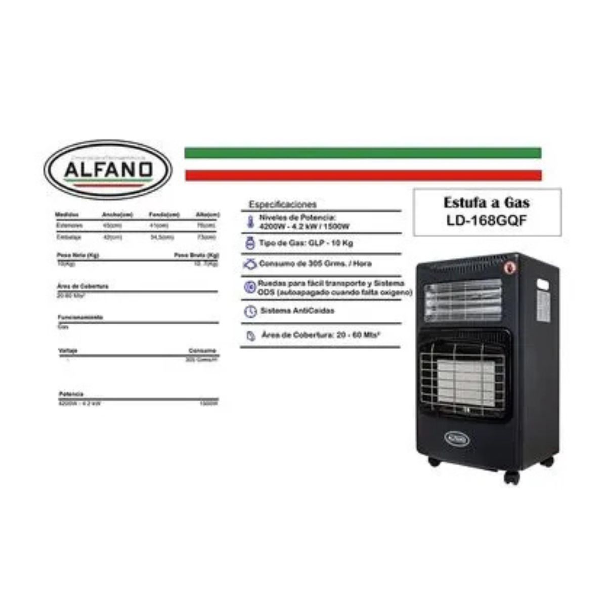 ALFANO - Estufa Dual Gas Y Eléctrica  Alfano Ld-168gqfnew