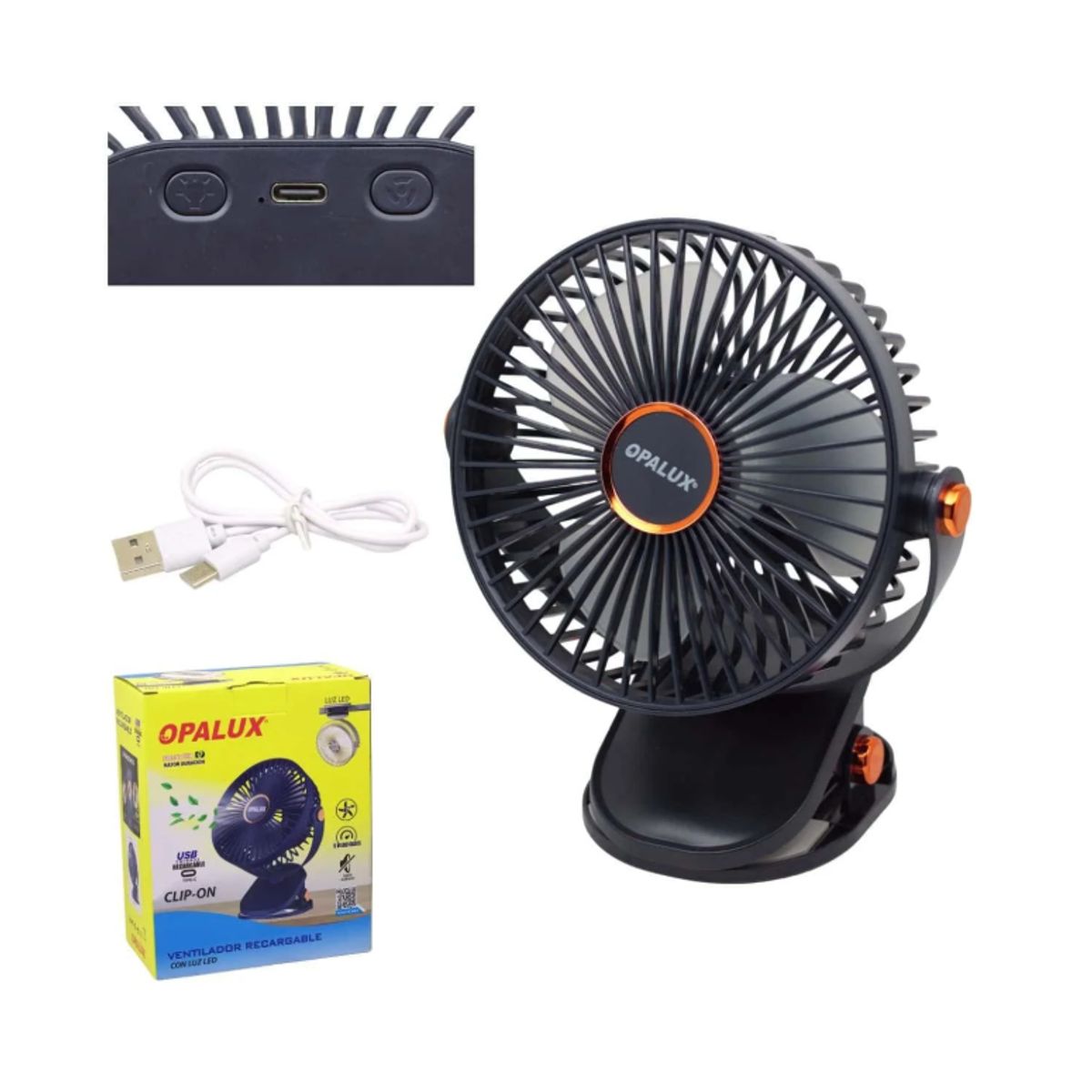 OPALUX - Ventilador Clip-On Recargable Con Luz Led OP-CF60-AZ OPALUX
