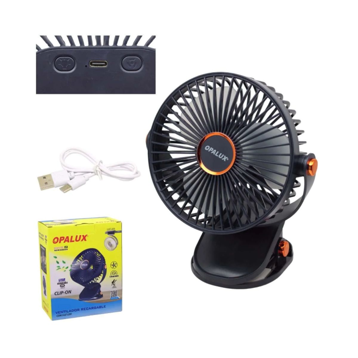 OPALUX - Ventilador Clip-On Recargable Con Luz Led OP-CF60-AZ OPALUX