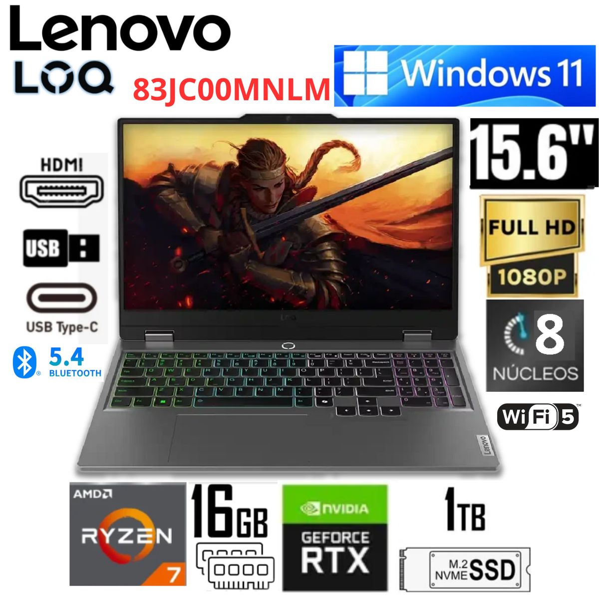 LENOVO - Laptop Gaming Lenovo LOQ 15ARP9 Ryzen 7 7435HS 16GB RAM 1TB  RTX 4060 8GB 15.6" FHD  83JC00MNLM