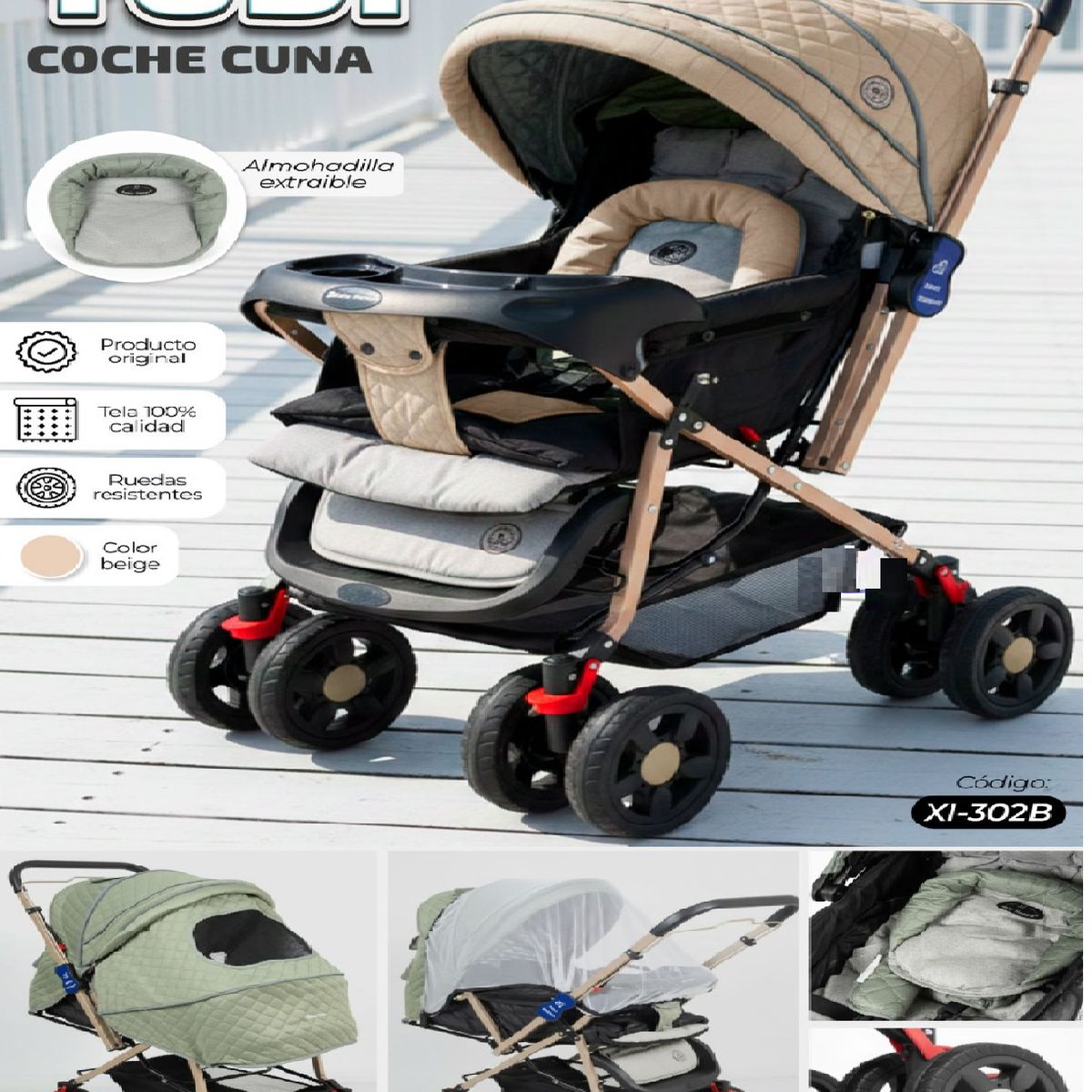 BABY HAPPY - Nuevo Coche Cuna de Lujo Mango Reversible Yodie - Beige