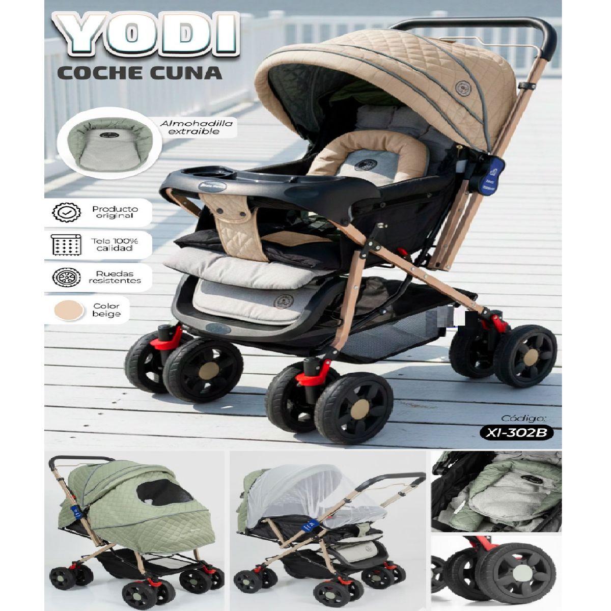 BABY HAPPY - Nuevo Coche Cuna de Lujo Mango Reversible Yodie - Beige