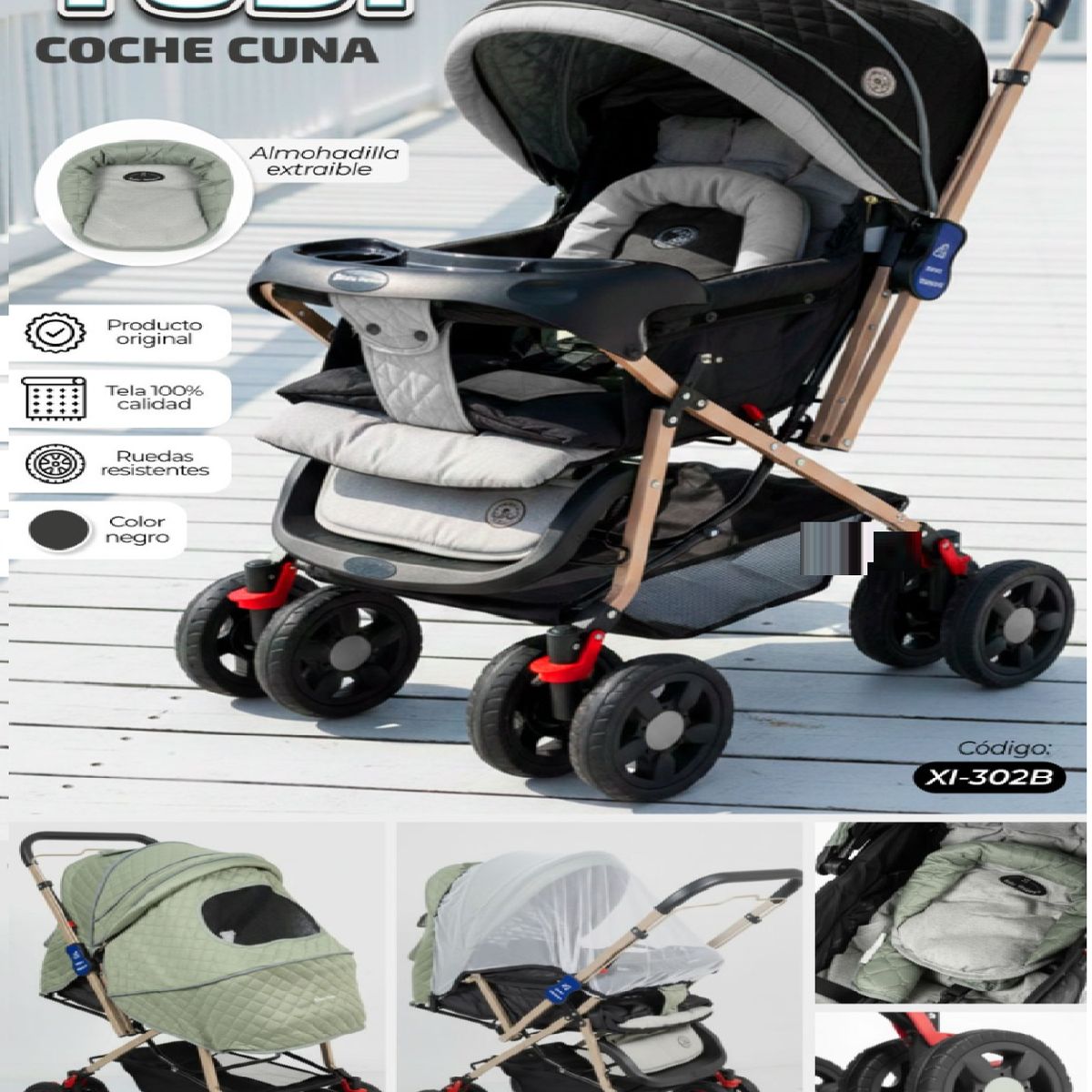 BABY HAPPY - Nuevo Coche Cuna de Lujo Mango Reversible Yodie - Negro