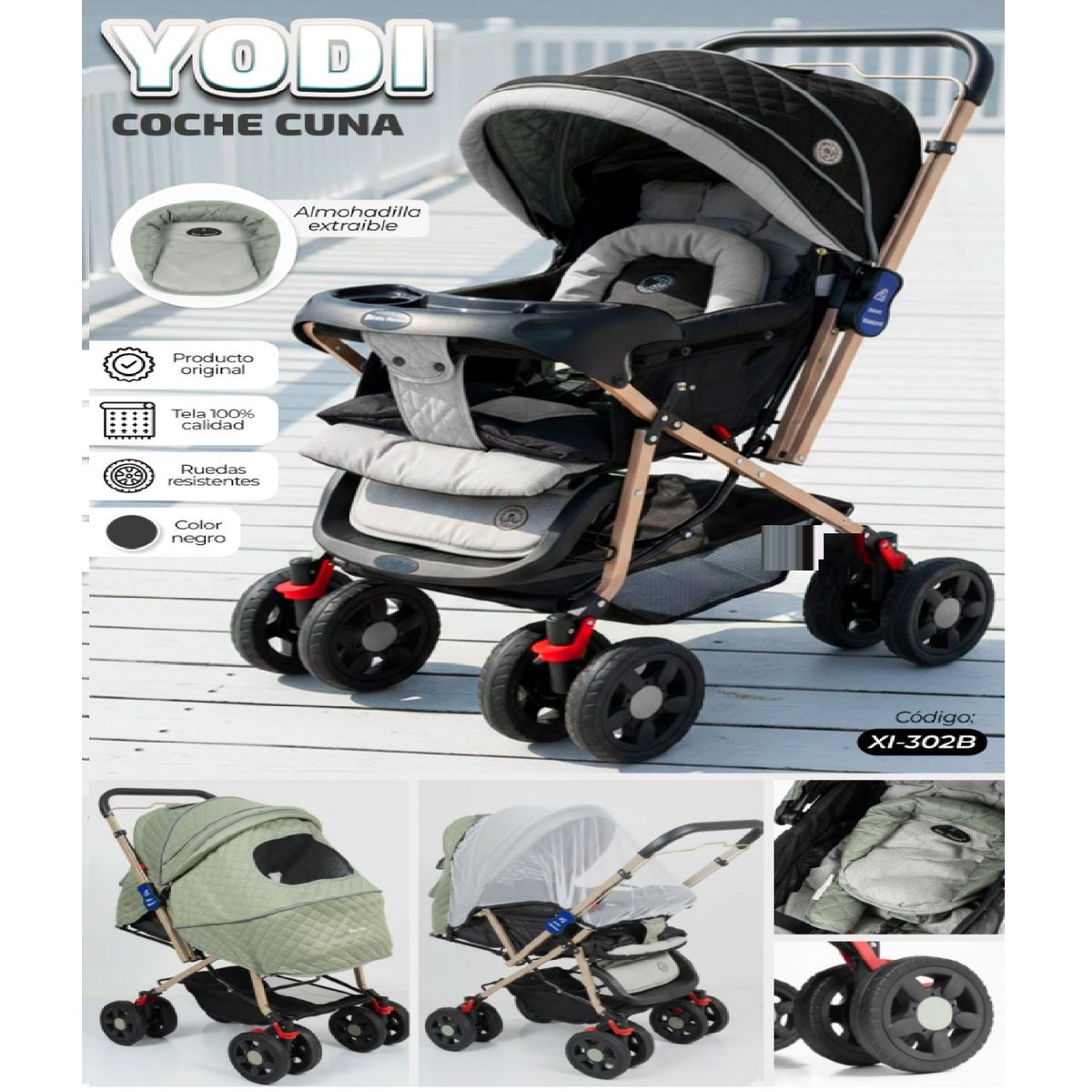 BABY HAPPY - Nuevo Coche Cuna de Lujo Mango Reversible Yodie - Negro