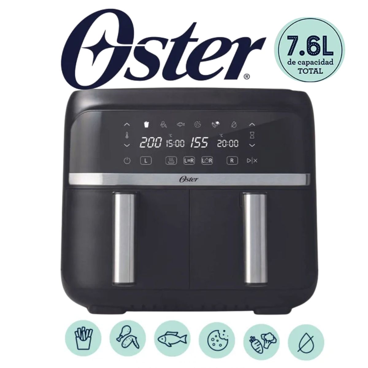 OSTER - FREIDORA DE AIRE OSTER 7.6LT 2 PERILLAS PANEL DIGITAL COLOR NEGRO MOD CKSTAF7MCDDF 