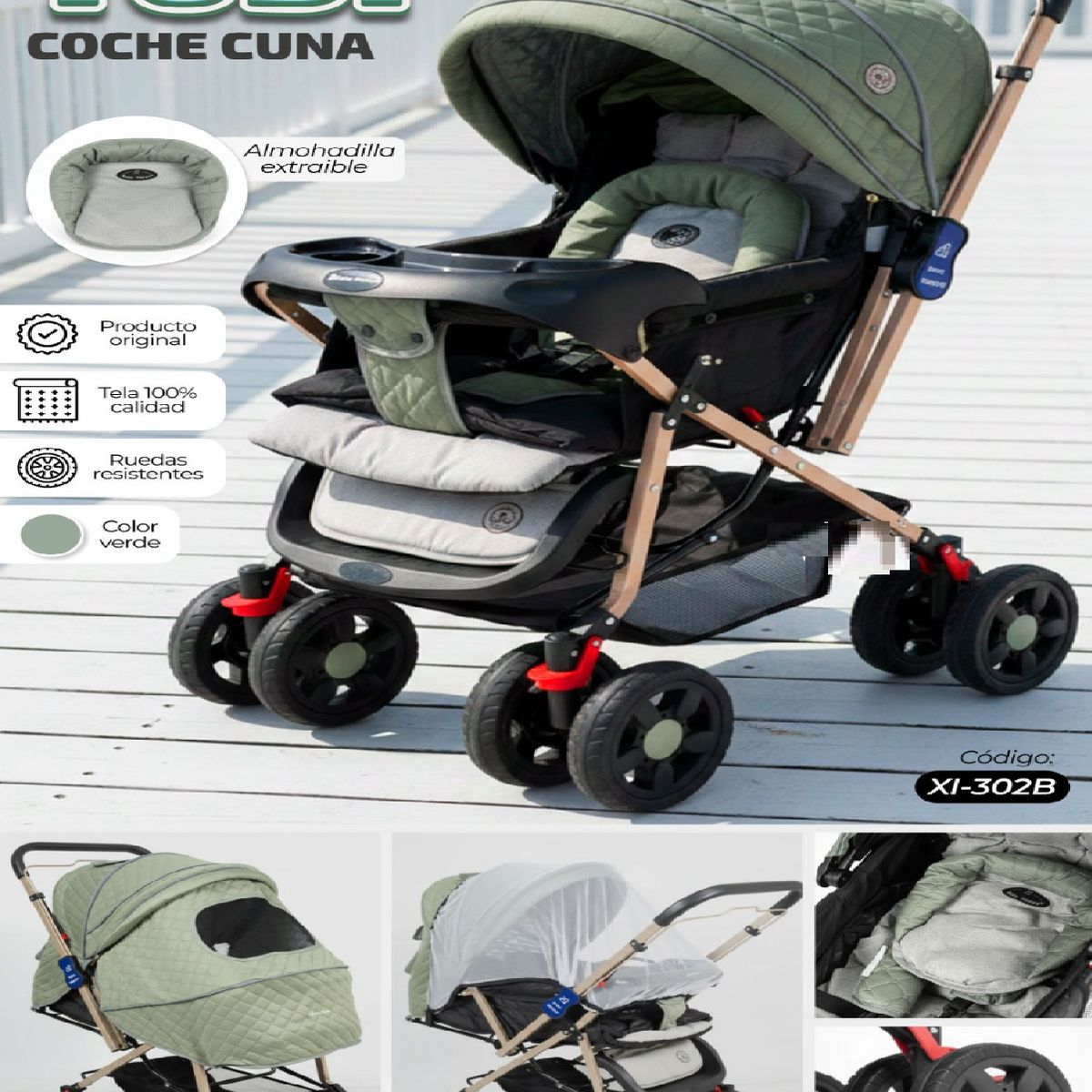 BABY HAPPY - Nuevo Coche Cuna de Lujo Mango Reversible Yodie - Verde