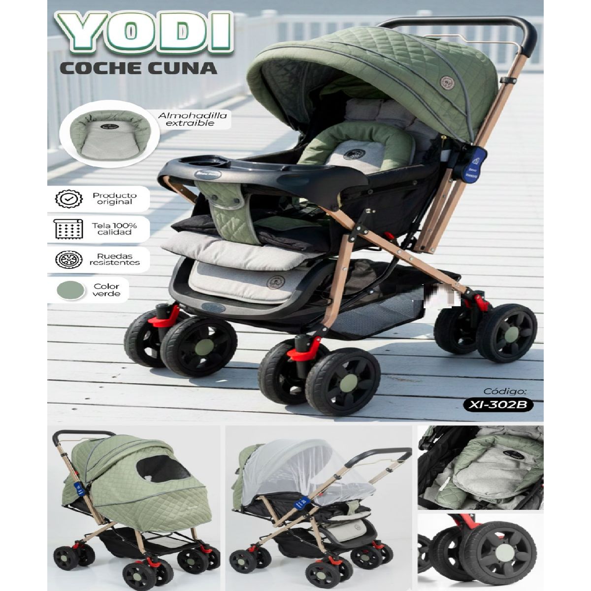 BABY HAPPY - Nuevo Coche Cuna de Lujo Mango Reversible Yodie - Verde