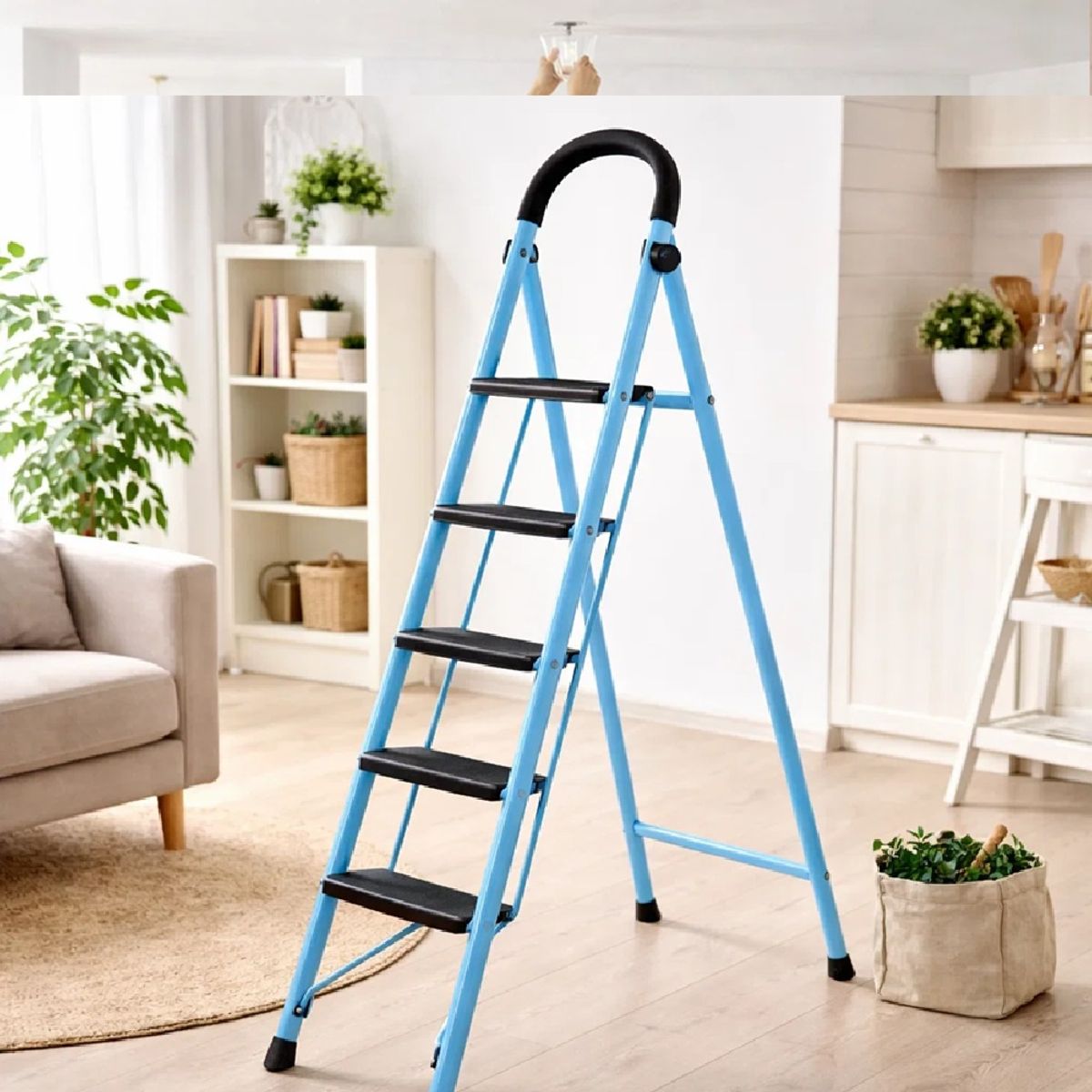 GENERICO - Escalera Plegable Premium de Acero – 5 Peldaños Antideslizantes con Agarre Ergonómico