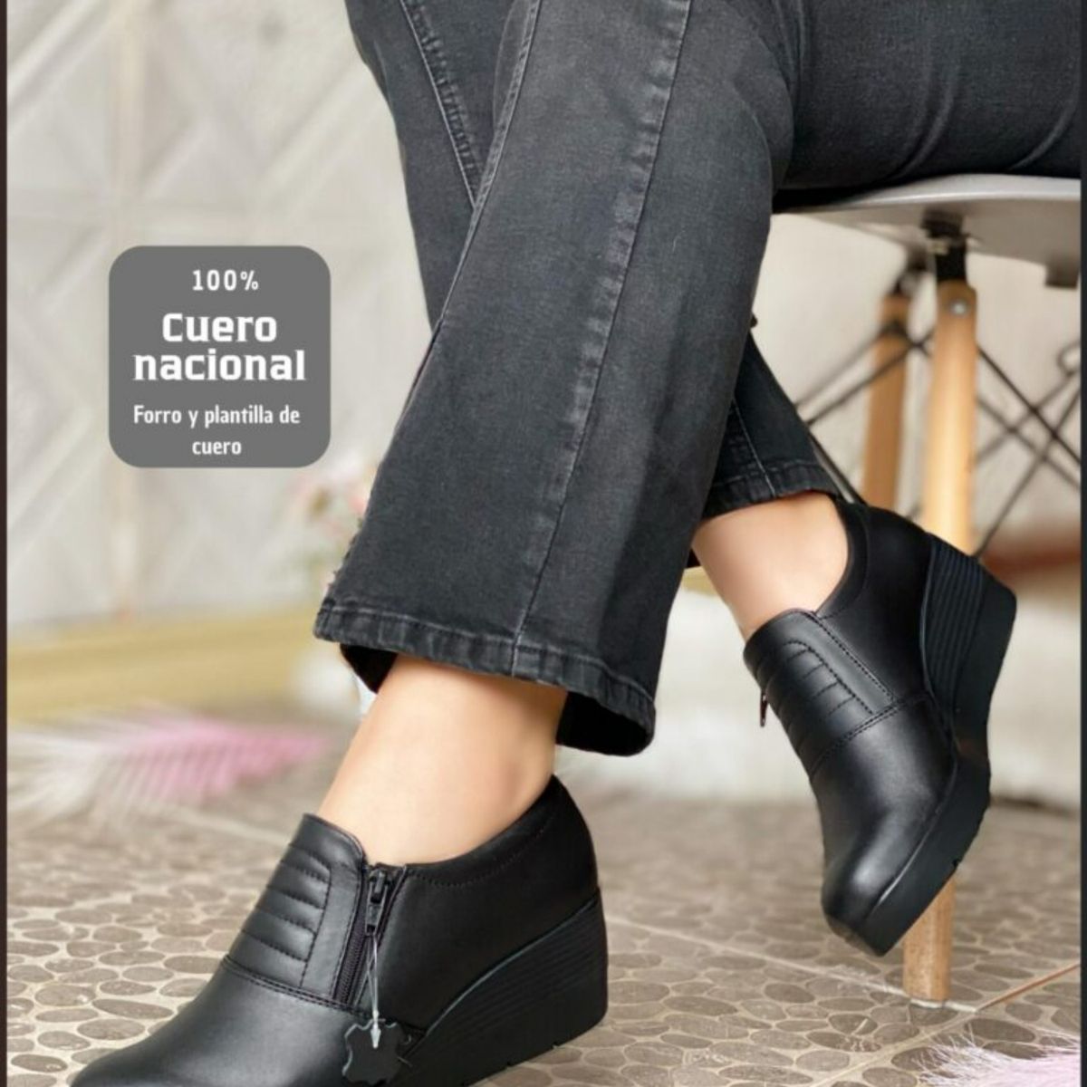 GENERICO - Semibotines en cuero legítimo de mujer en taco cuña