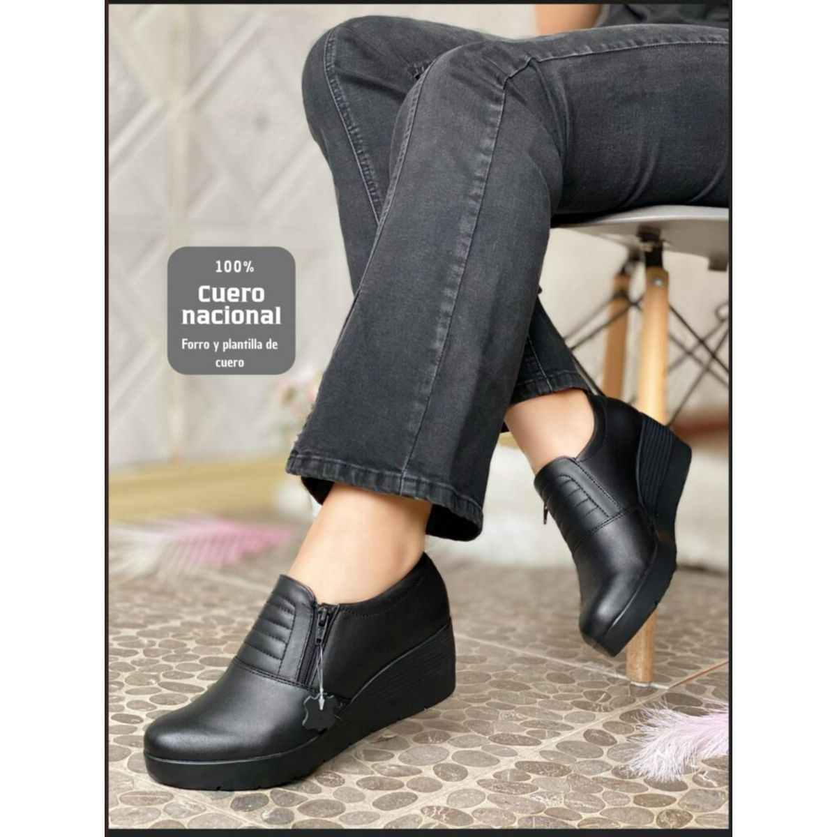GENERICO - Semibotines en cuero legítimo de mujer en taco cuña