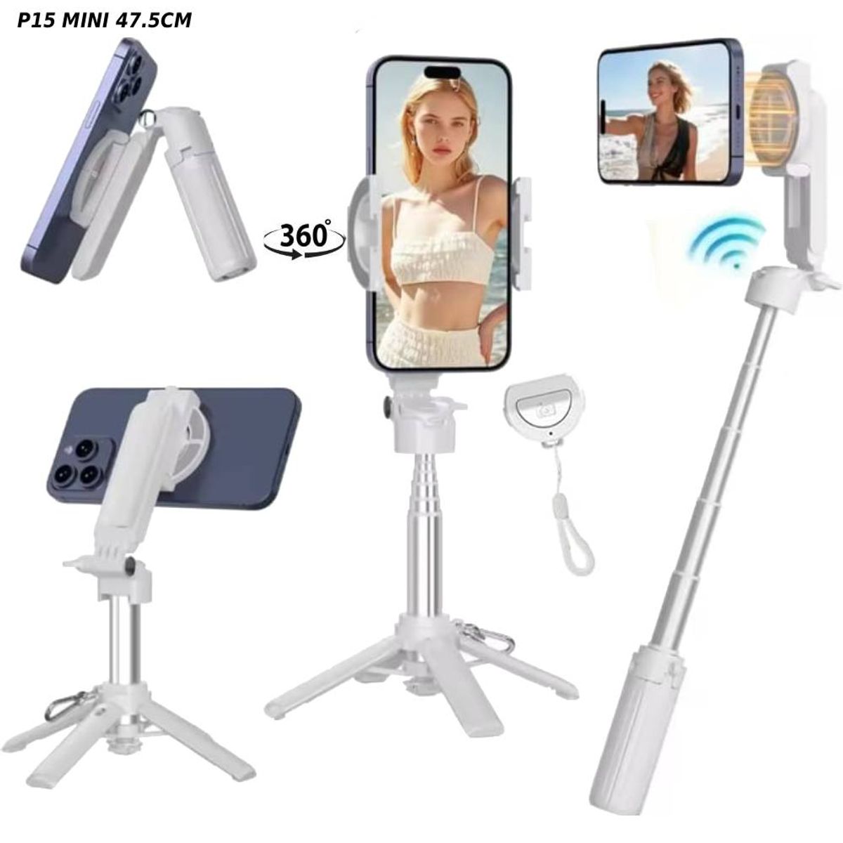 SEISA - Tripode Soporte Magnetico Clip para Celular Selfie Bluetooth Blanco P15 Mini