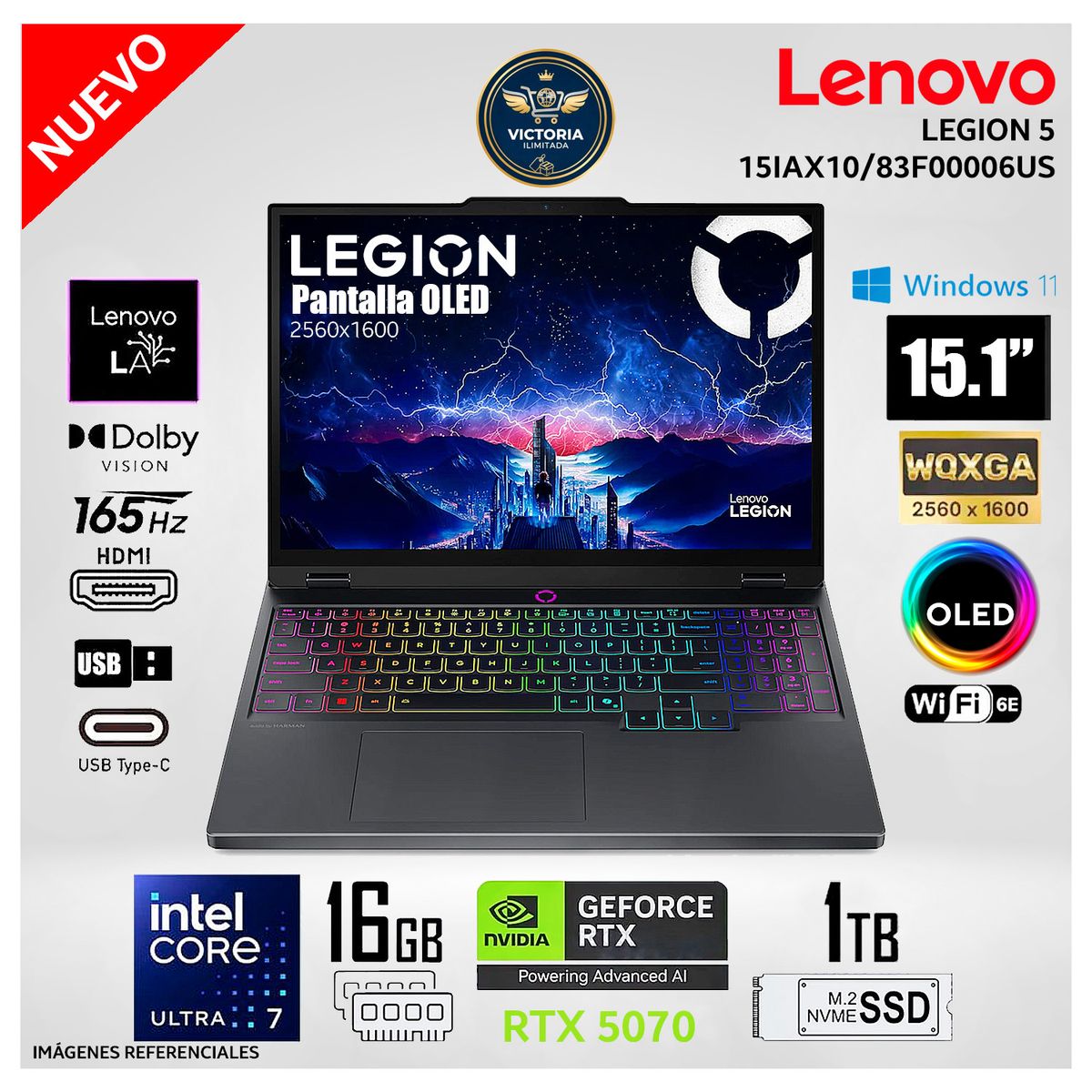 LENOVO - Laptop Gamer Lenovo Legion 5 15IAX10 Core Ultra 7-255HX RTX5070 16GB RAM 1TB SSD 15.1″ WQXGA OLED 165Hz(83F00006US)
