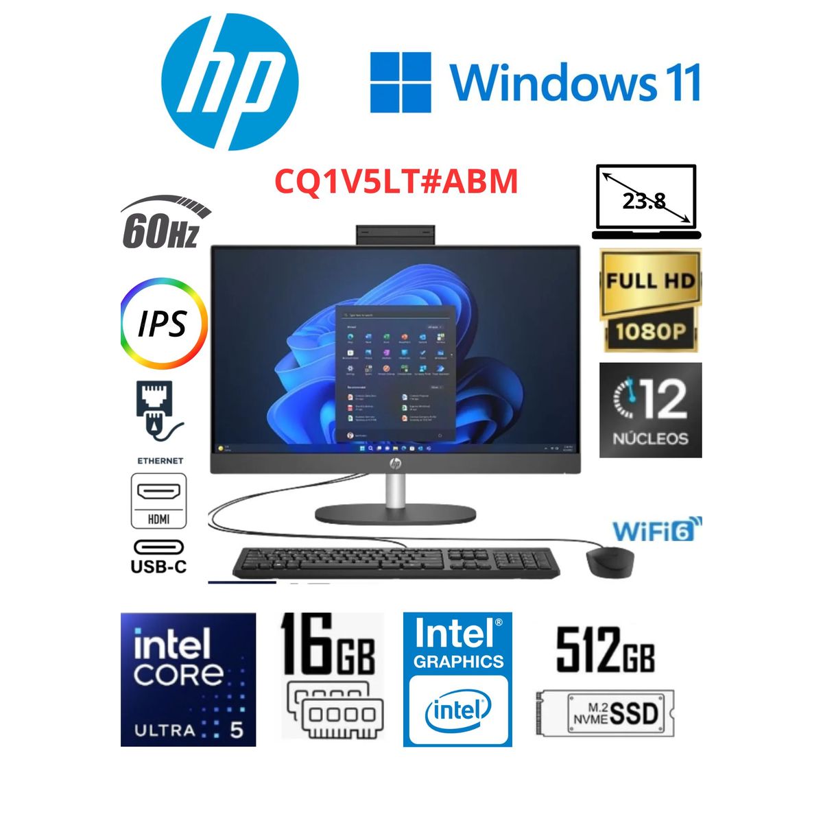 HP - All-in-One HP ProOne 240 G10 23.8" FHD IPS Negro Core Ultra 5 125U 16GB RAM 512GB SSD