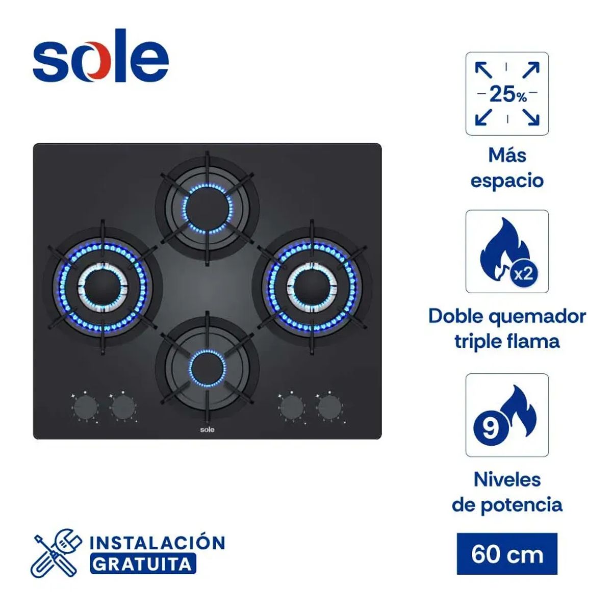 SOLE - Encimera Rubí Pro  A Gas 60cm Negro Sole SOLCO081