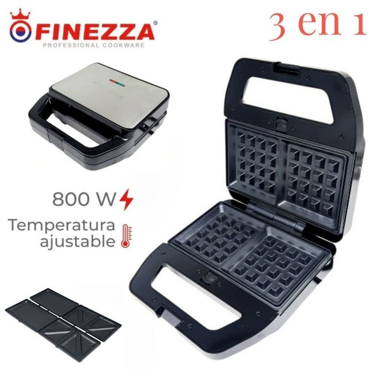 FINEZZA - Wafflera Finezza FZ-829W3 Intercambiables para Sandwichera y Grill 3 en 1 Negro