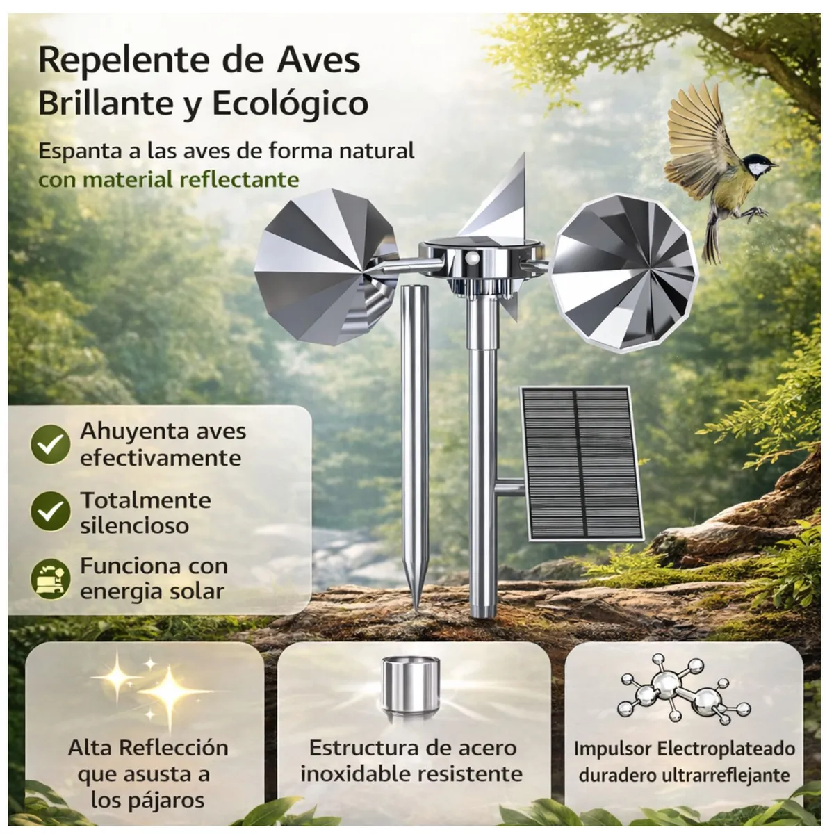 GENERICO - Ahuyentador de Pájaros Solar Reflectante con Aspas Giratorias para Exterior