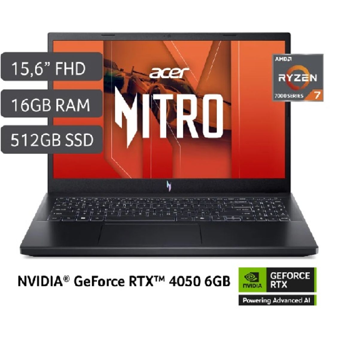 ACER - ACER NITRO V15 AN15-41-R1GK AMD RYZEN 7 7735HS 16GB 512GB SSD 6GB VIDEO RTX 4050 15.6" FHD WIN 11