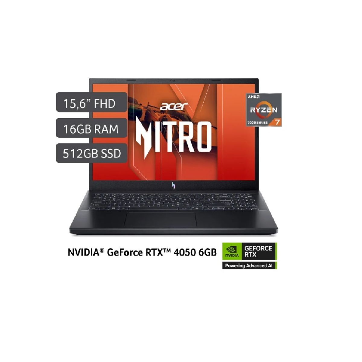 ACER - ACER NITRO V15 AN15-41-R1GK AMD RYZEN 7 7735HS 16GB 512GB SSD 6GB VIDEO RTX 4050 15.6" FHD WIN 11