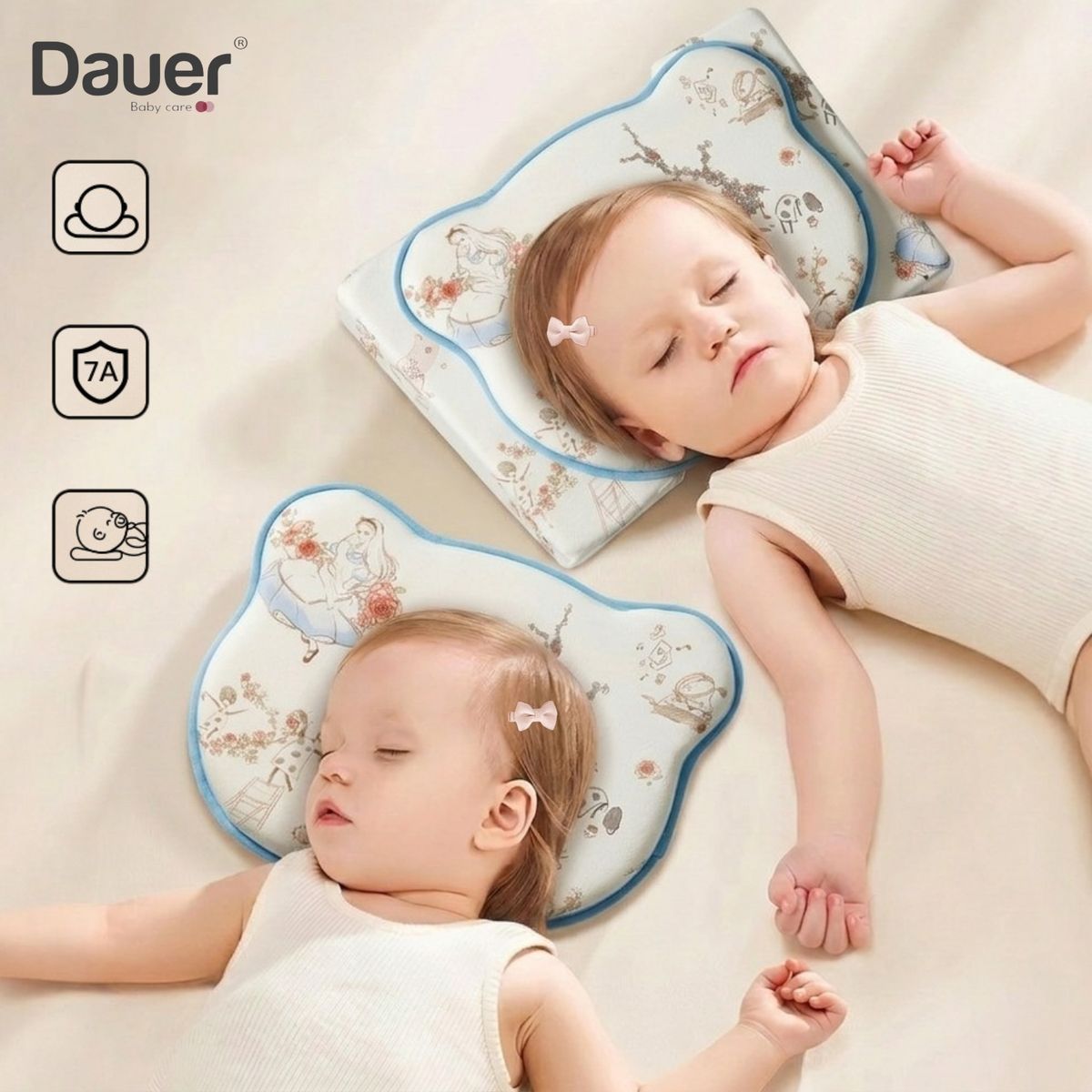 DAUER - Kit de Almohadas 3 en 1 para Bebé Sistema Antivuelco y Moldeado + 2 Cuñas Antivuelco Niña
