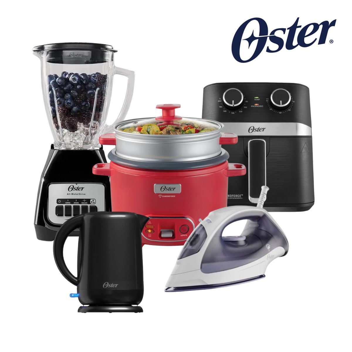 OSTER - Combo Oster Licuadora + Olla Arrocera 1.8 LT + Freidora 4L + Hervidor 1.8 LT + Plancha