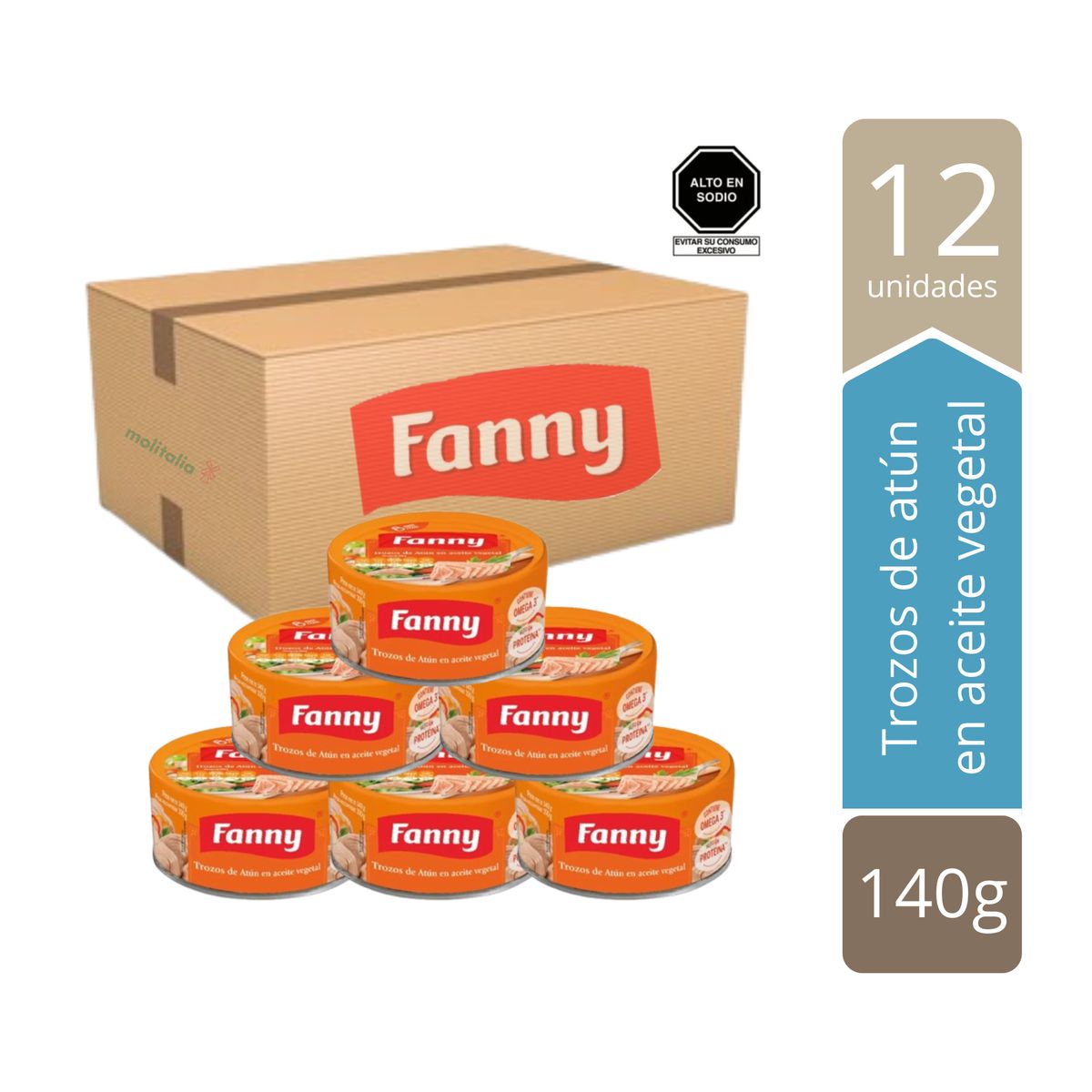 MOLITALIA - Trozos de Atún FANNY en Aceite Vegetal Lata 140 gr - Caja x 12 unids