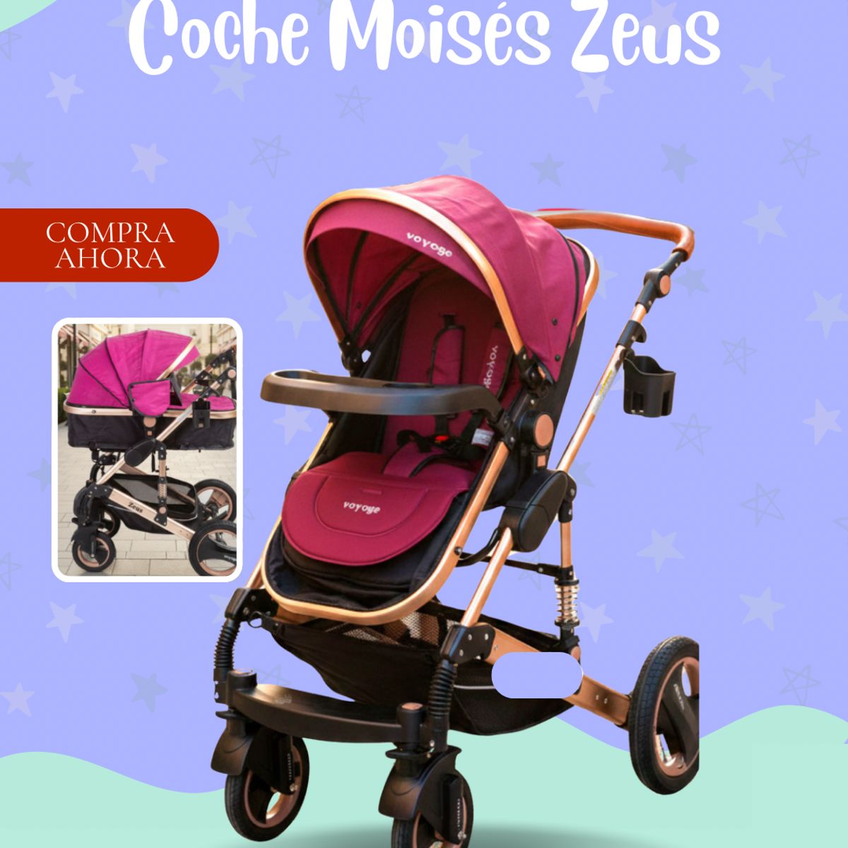 GENERICO - COCHE MOISÉS DE BEBÉ ZEUS MODELO VOYAGE COLOR FUCSIA PREMIUN