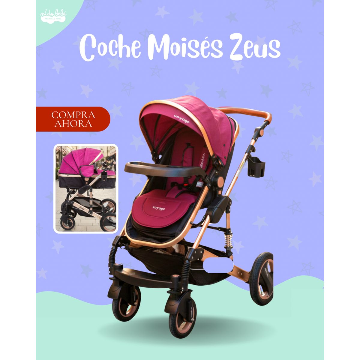GENERICO - COCHE MOISÉS DE BEBÉ ZEUS MODELO VOYAGE COLOR FUCSIA PREMIUN