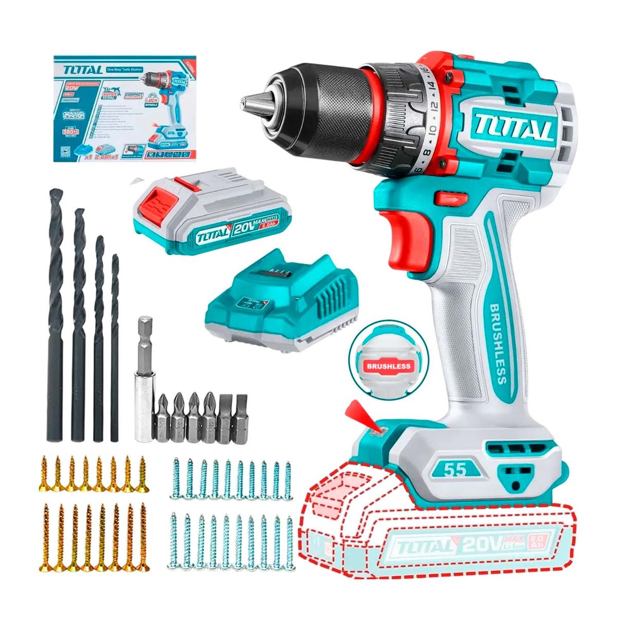 TOTAL TOOLS - Taladro Atornillador 55nm 1BateriaCargadorTotal