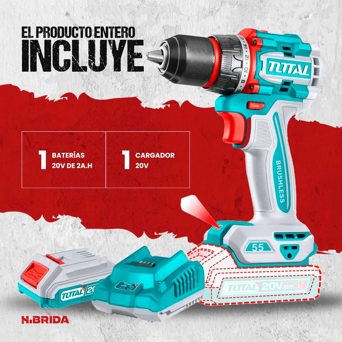 TOTAL TOOLS - Taladro Atornillador 55nm 1BateriaCargadorTotal