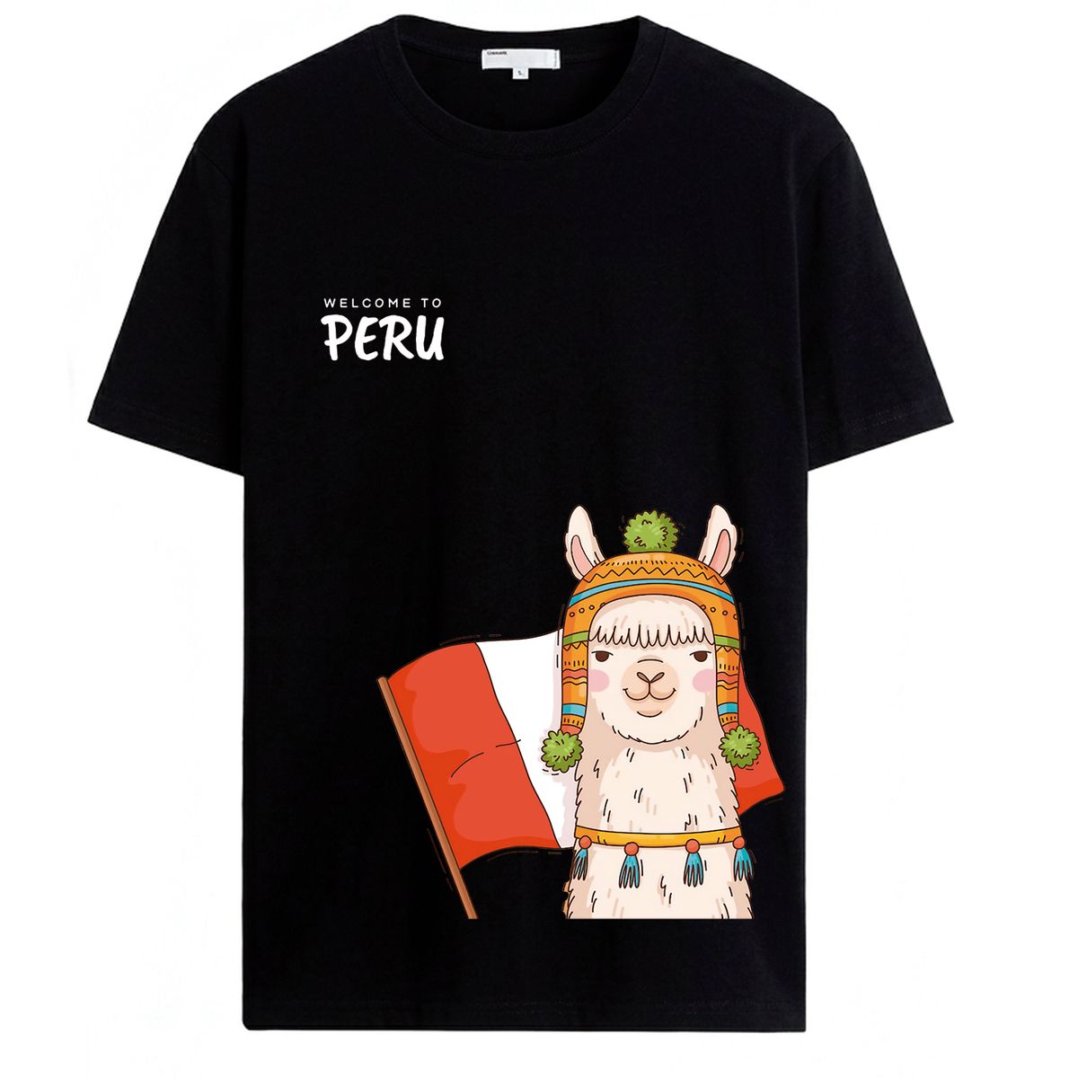 NACIONAL - Polo Unisex Cuello Redondo Algodon - Modelo P001 BANDERA Y LLAMITA PERU