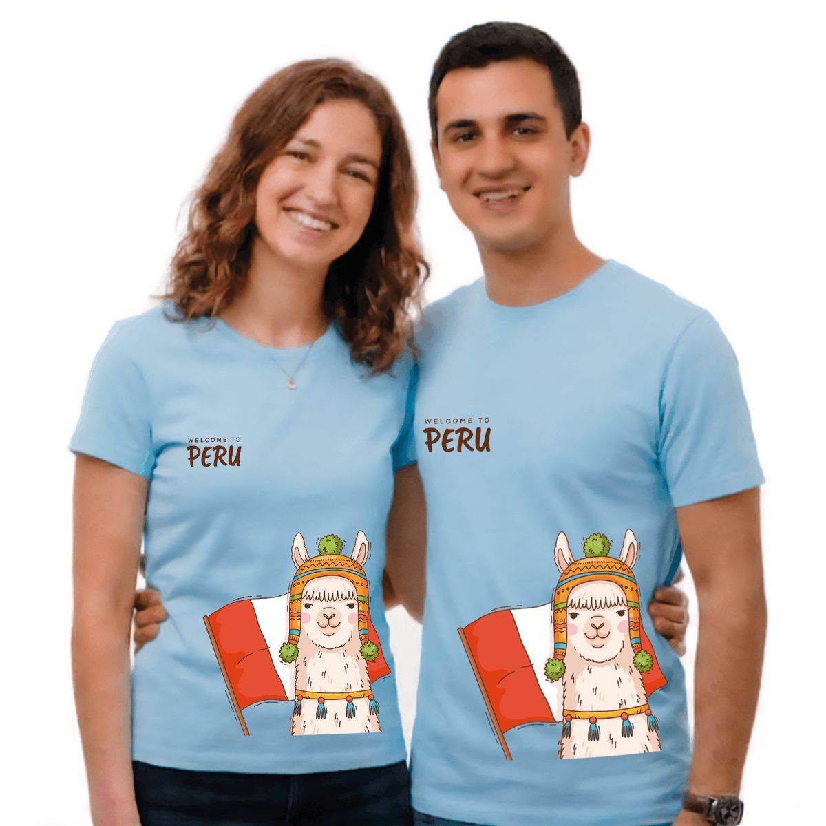 NACIONAL - Polo Unisex Cuello Redondo Algodon - Modelo P001 BANDERA Y LLAMITA PERU