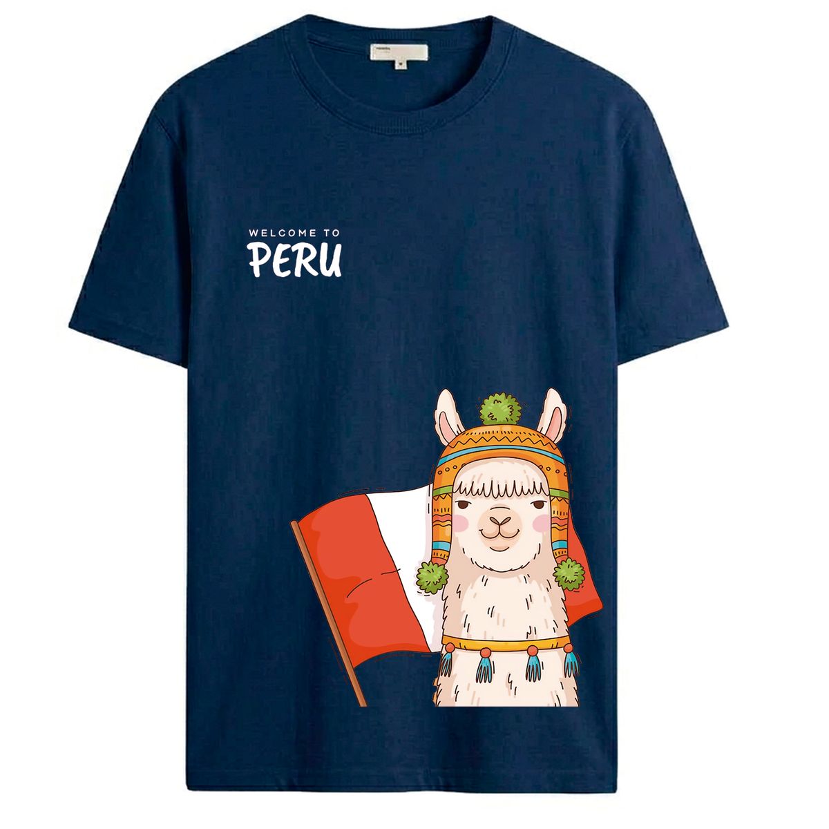 NACIONAL - Polo Unisex Cuello Redondo Algodon - Modelo P001 BANDERA Y LLAMITA PERU