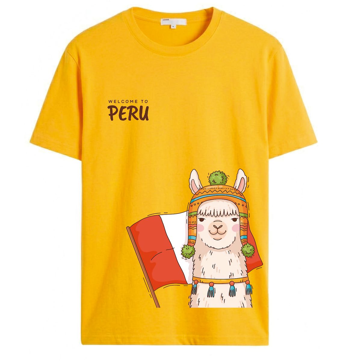NACIONAL - Polo Unisex Cuello Redondo Algodon - Modelo P001 BANDERA Y LLAMITA PERU