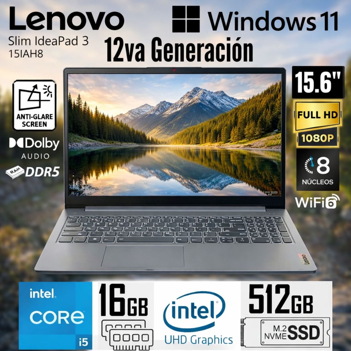 LENOVO - Lenovo IdeaPad Slim 3 15IAH8 15.6" FHD Gris ártico Core i5-12450H 16GB RAM 512GB SSD