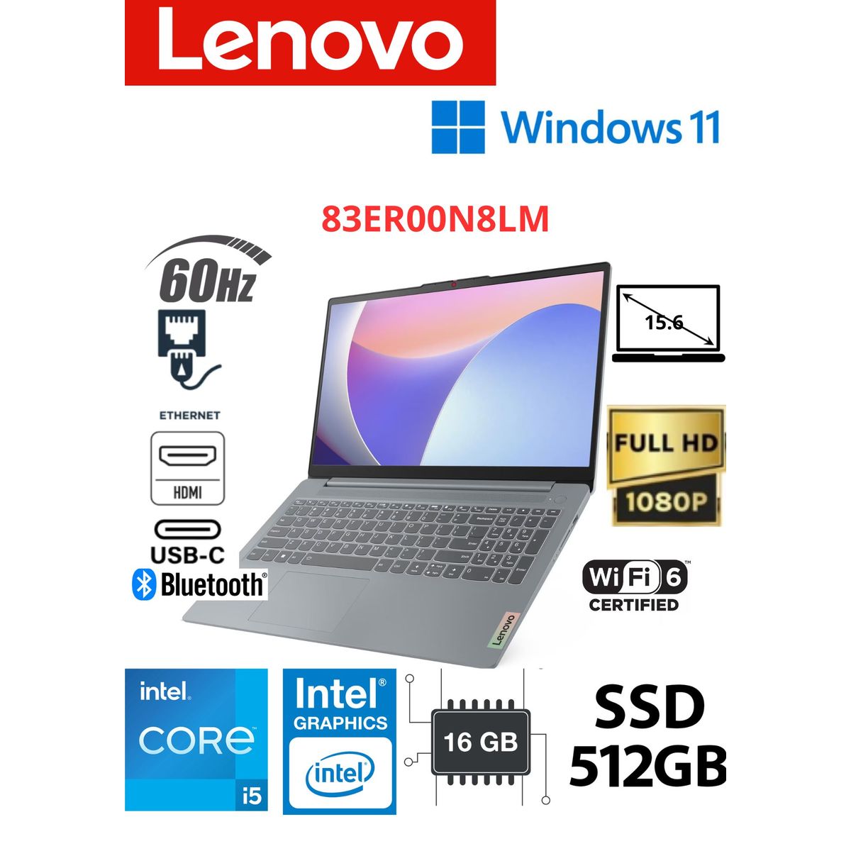 LENOVO - Lenovo IdeaPad Slim 3 15IAH8 15.6" FHD Gris ártico Core i5-12450H 16GB RAM 512GB SSD