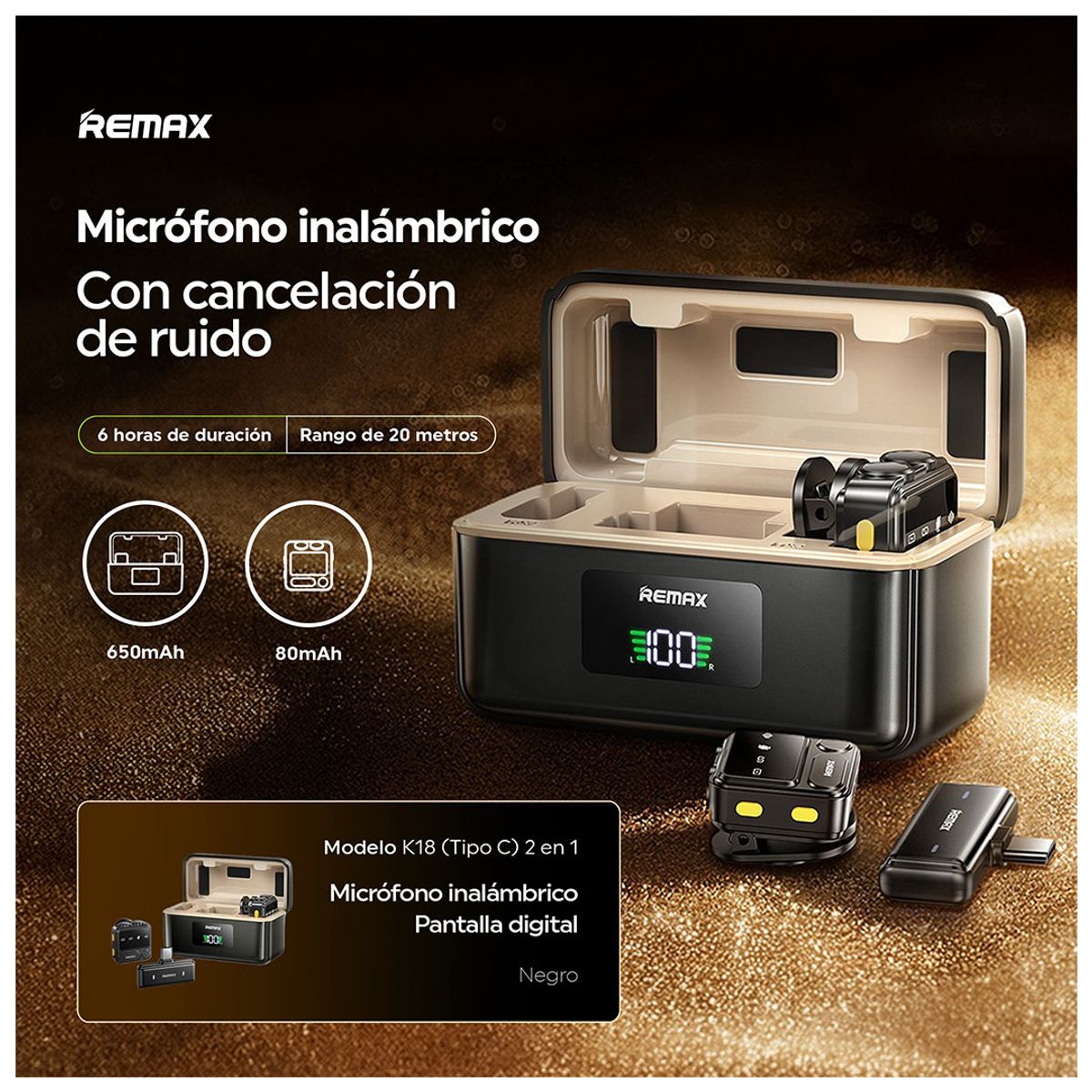 REMAX - Micrófono Inalámbrico USB-C con Estuche de Carga y Reducción de Ruido