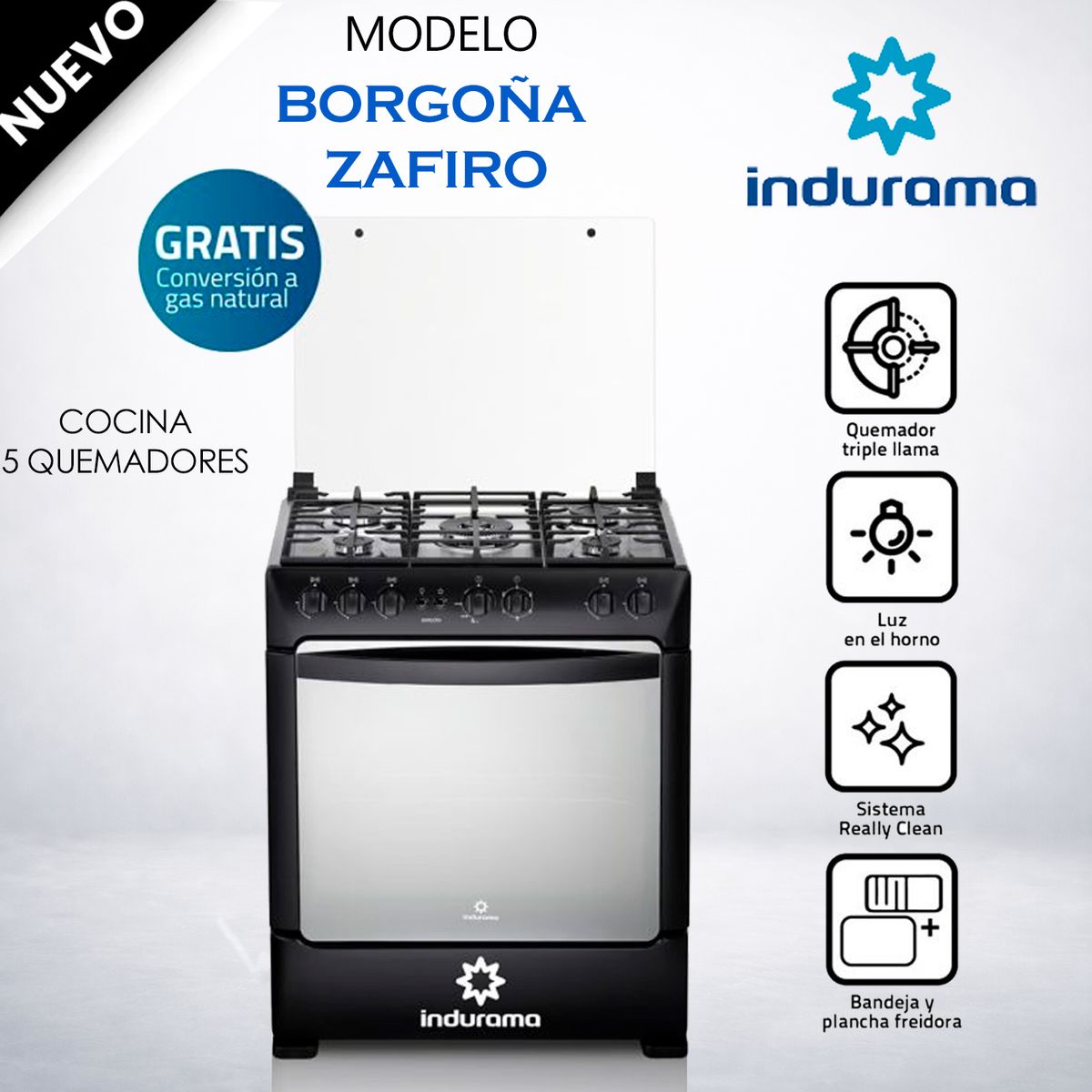 INDURAMA - Cocina de pie 5 Quemadores Indurama – Borgona Zafiro