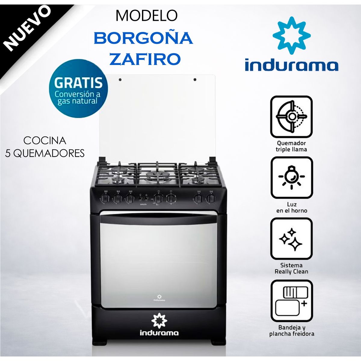 INDURAMA - Cocina de pie 5 Quemadores Indurama – Borgona Zafiro