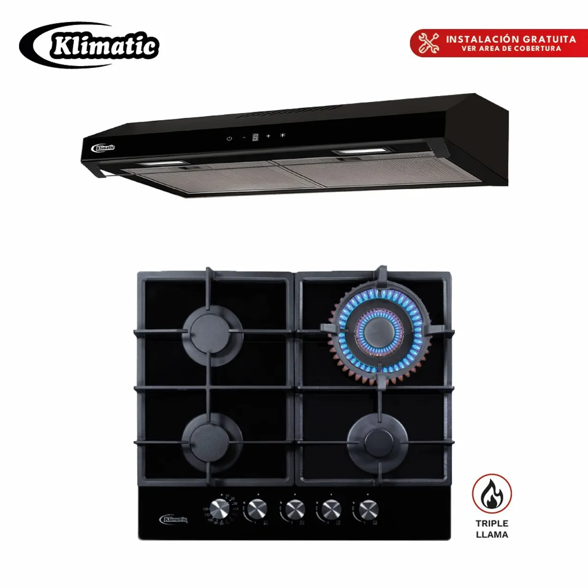 KLIMATIC - COMBO Cocina a gas TREVI 60 y Campana 60cm VENTO BLACK PLUS