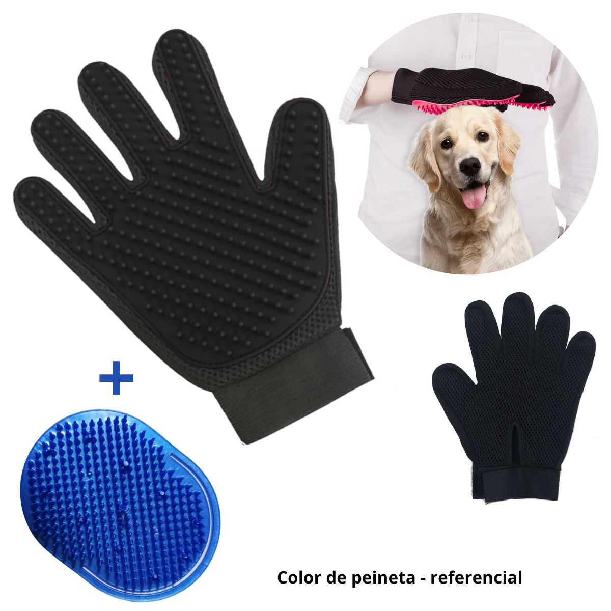 GENERICO - GUANTE REMOVEDOR DE PELO MASCOTA PACK NEGRO-PEINE AZULINO